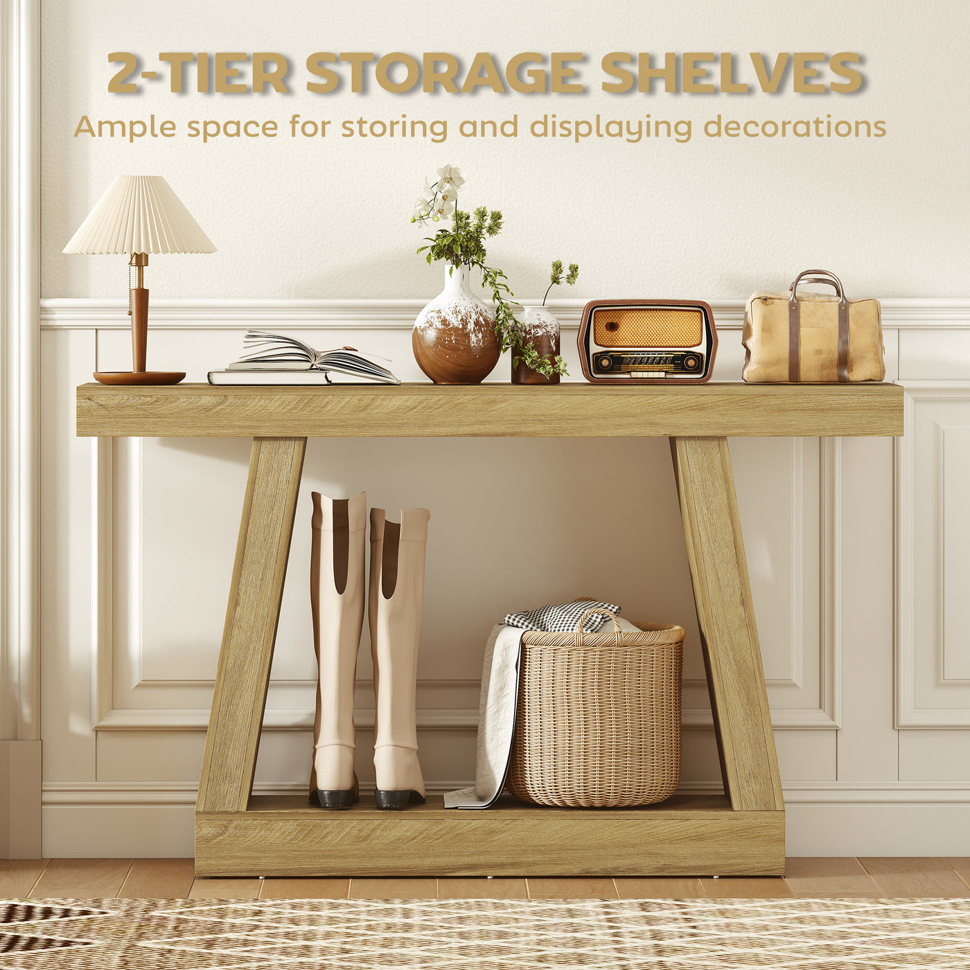 55" Farmhouse Console Table, 2-Tier Entryway Table with Storage for Hallway, Living Room, Behind Couch,  Oak