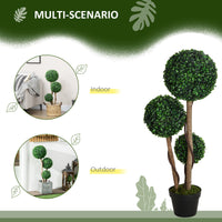 35 Inch Potted Fake Plant, Artificial Boxwood Topiary Tree, Triple Ball Tree for Indoor and Outdoor, Dark Green