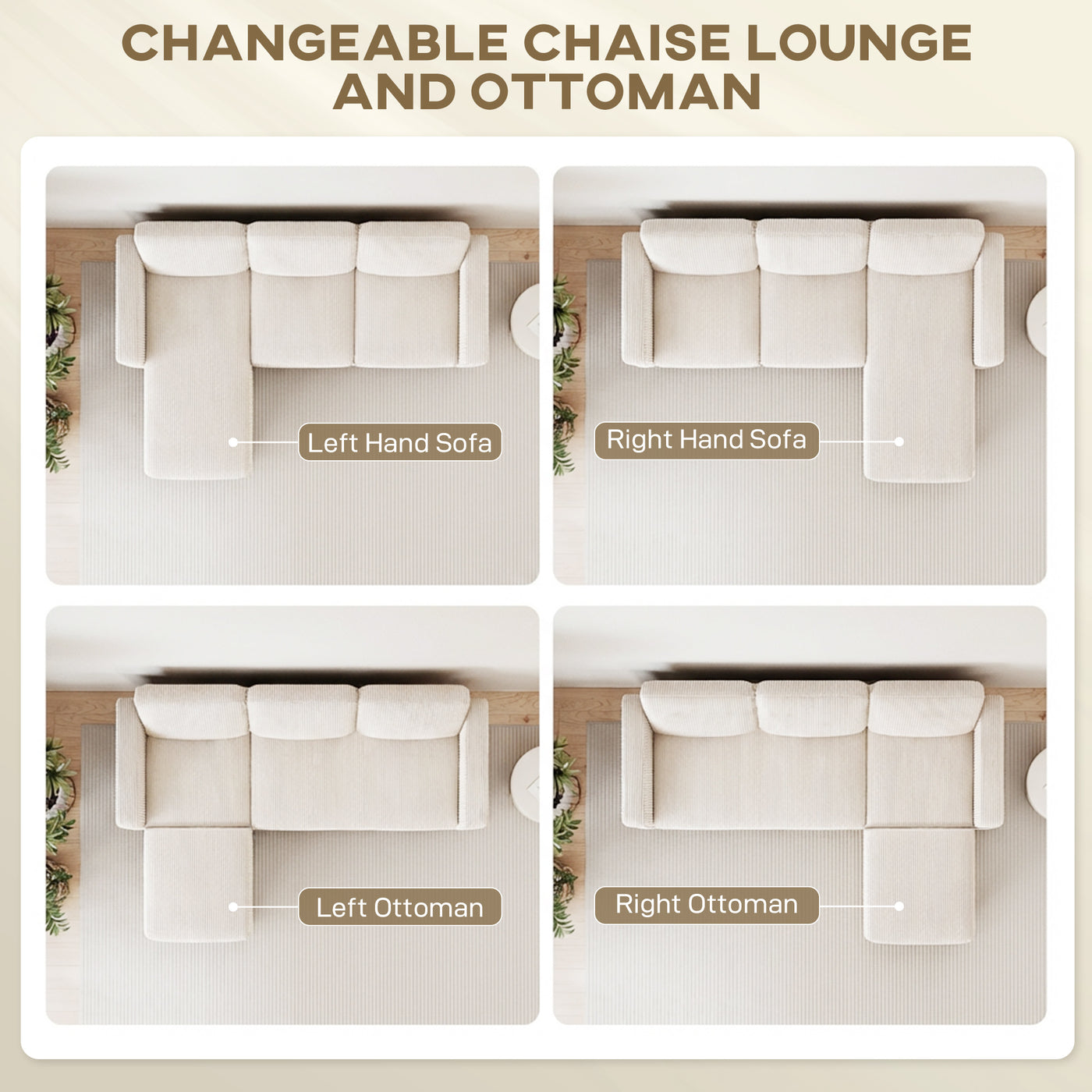 Sectional Sofa, L Shaped Couch, with Changeable Chaise or Ottoman, Cream White