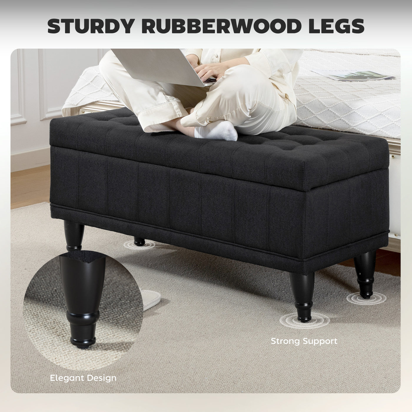 Storage Ottoman, Linen Fabric End of Bed Bench with Button Tufted Storage Bench for Bedroom, Black
