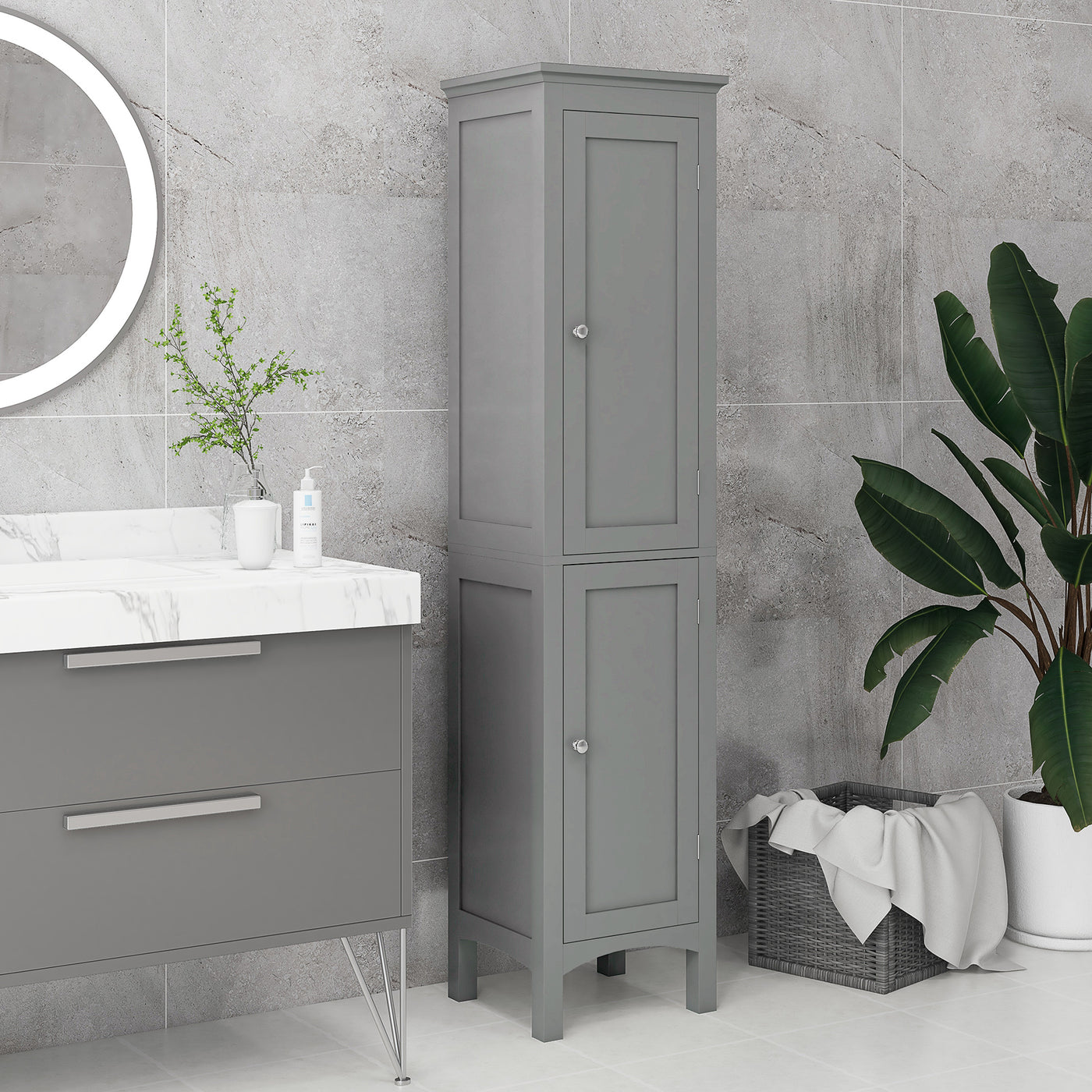 Tall Bathroom Cabinet, Freestanding Storage Organizer with Adjustable Shelves and Cupboards, 15" x 13" x 63", Grey