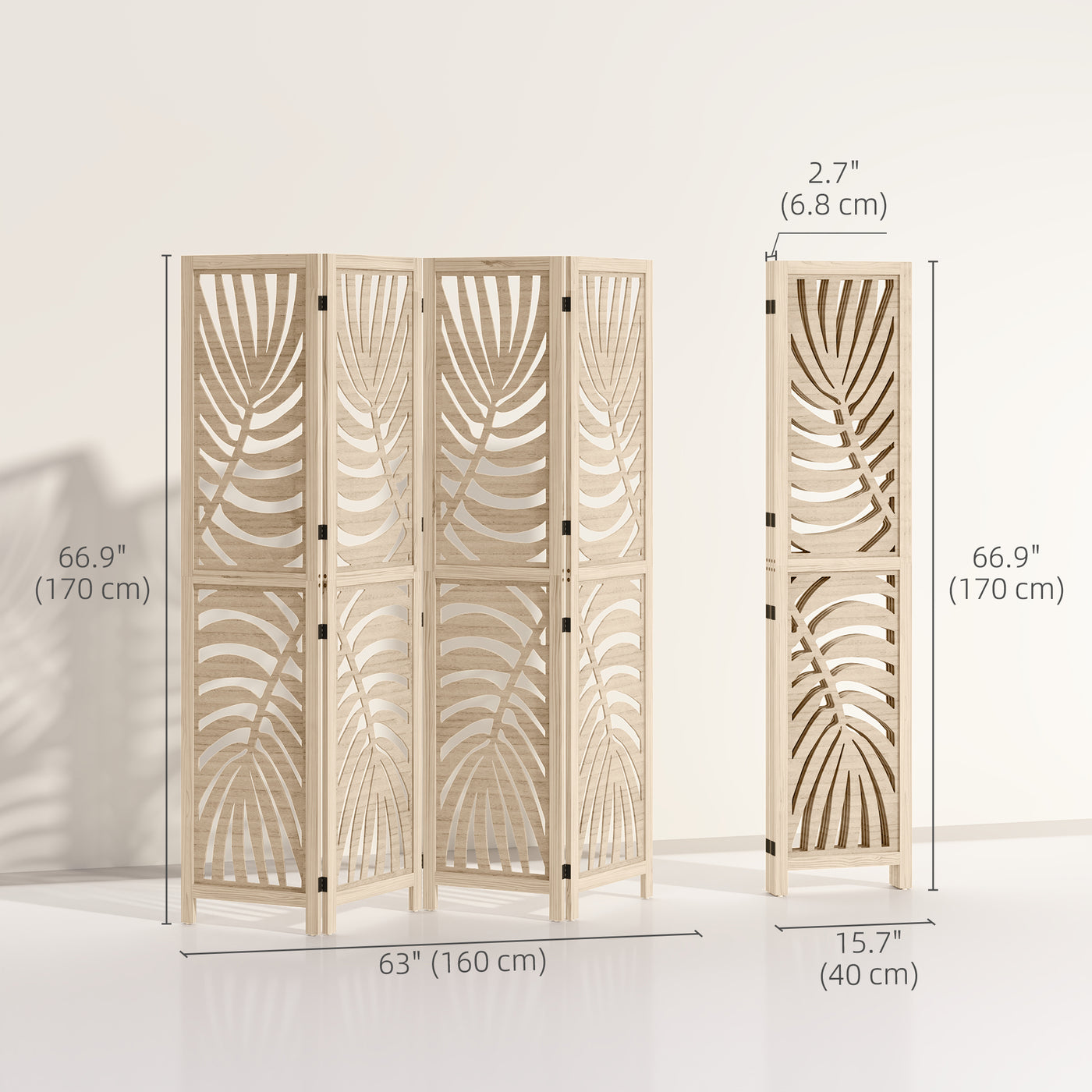 4 Panel Room Divider, Detachable Folding Privacy Screens with Palm Leaf Design for Home Office, Natural Wood Finish