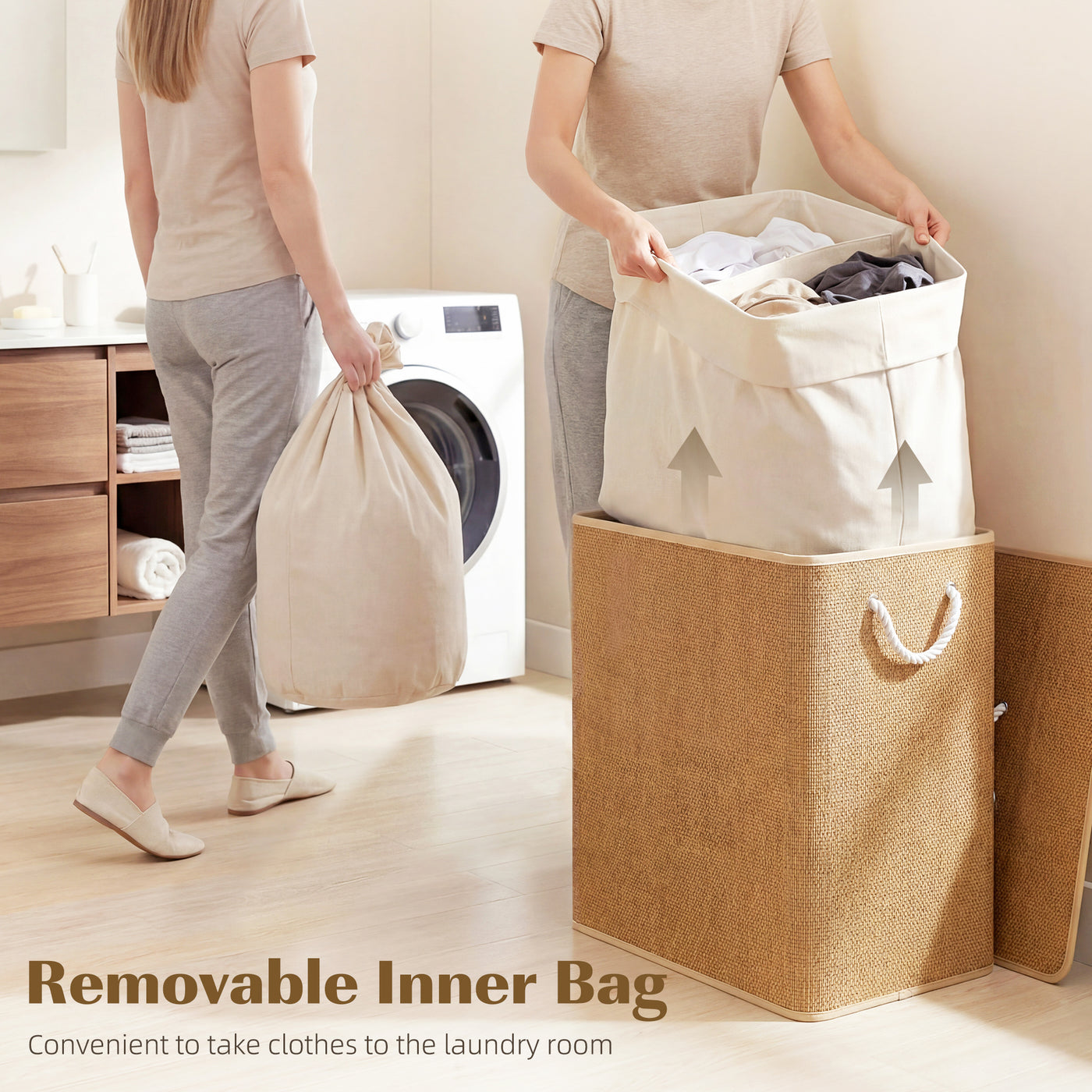 Double Laundry Basket with Lid, 100L Bamboo Laundry Hamper with Rope Handles and Removable Bags, Brown