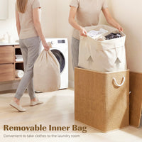 Double Laundry Basket with Lid, 100L Bamboo Laundry Hamper with Rope Handles and Removable Bags, Brown