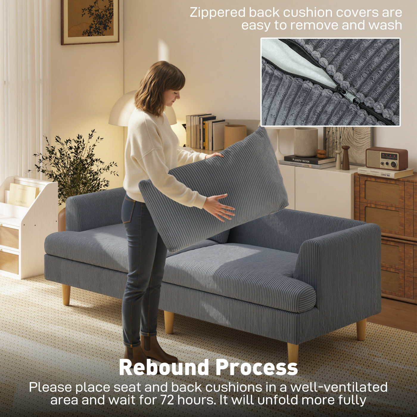 3 Seater Sofa, 74" Modern Corduroy Upholstered Couch with Thick Spring Cushions, Solid Wood Legs, Armrests, Dark Grey