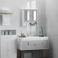 Medicine Cabinet, Wall-Mounted Bathroom Mirror Cabinet with Double Doors, Open Shelf, and Adjustable Shelf, Modern Bathroom Wall Cabinet, White and Grey