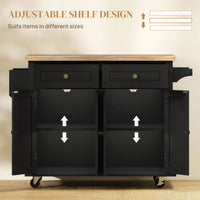 Rolling Kitchen Island with Rubber Wood Top and Storage, Spice Rack, Towel Rack, Black