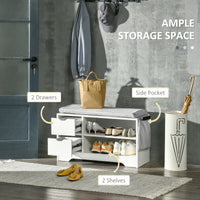 Upholstered Shoe Storage Bench w/ Seat, Entrance Bench w/ Drawer Open Shelves and Pocket for Hallway, White