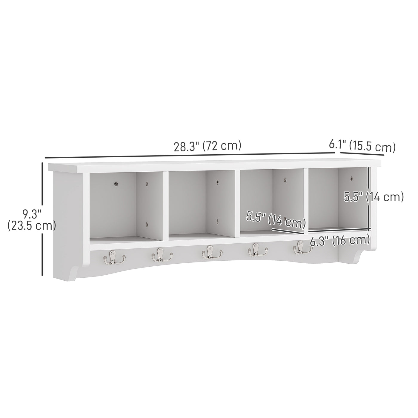 Coat Rack Wall Mount with Shelf, 28" Wall Coat Rack with 5 Hooks and 4 Compartments for Living Room, Entryway, White