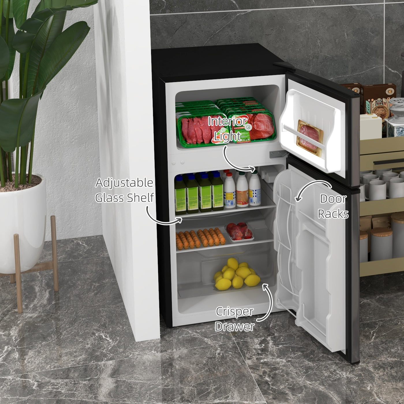 3.2 Cu Ft Compact Refrigerator, Mini Fridge with Freezer, Adjustable Shelves and Reversible Doors for Bedroom, Silver