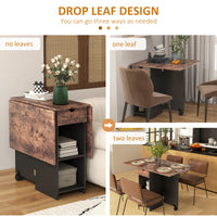 Folding Dining Table, Space Saving Drop Leaf Table with Drawer and Shelves for Kitchen, Dining Room, Rustic Brown