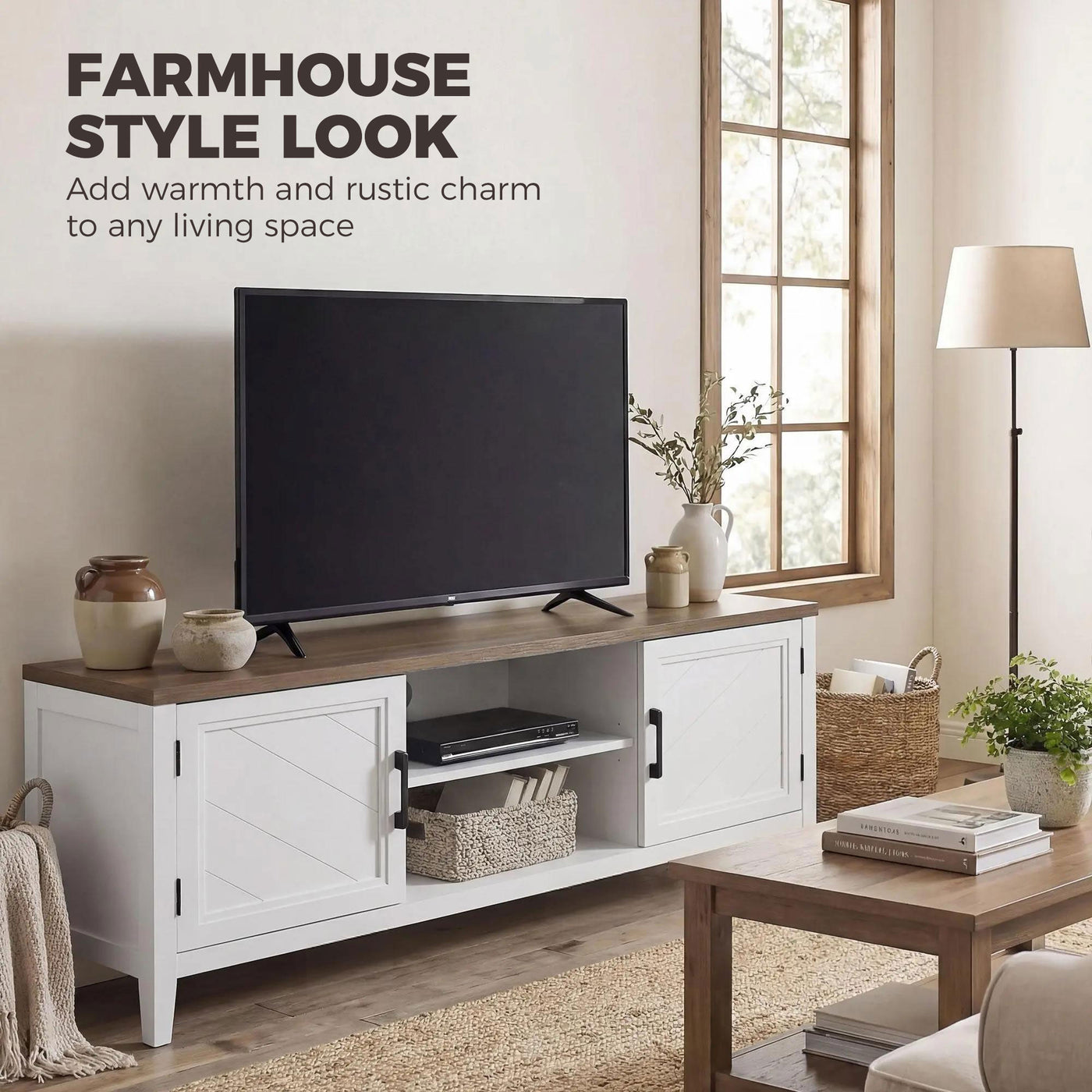 TV Stand for TVs up to 65 Inch, Entertainment Center with 2 Open Shelves, 2 Cabinets, Thick Top, White and Brown