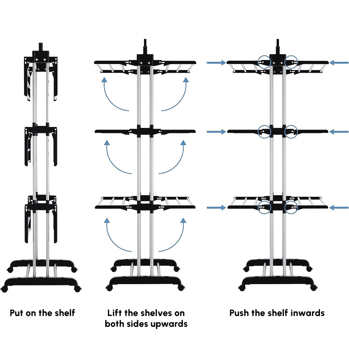 Foldable Clothes Drying Rack, 4-Tier Steel Laundry Rack for Drying Clothes with 2 Side Wings and 4 Castors, Indoor and Outdoor Use, Black