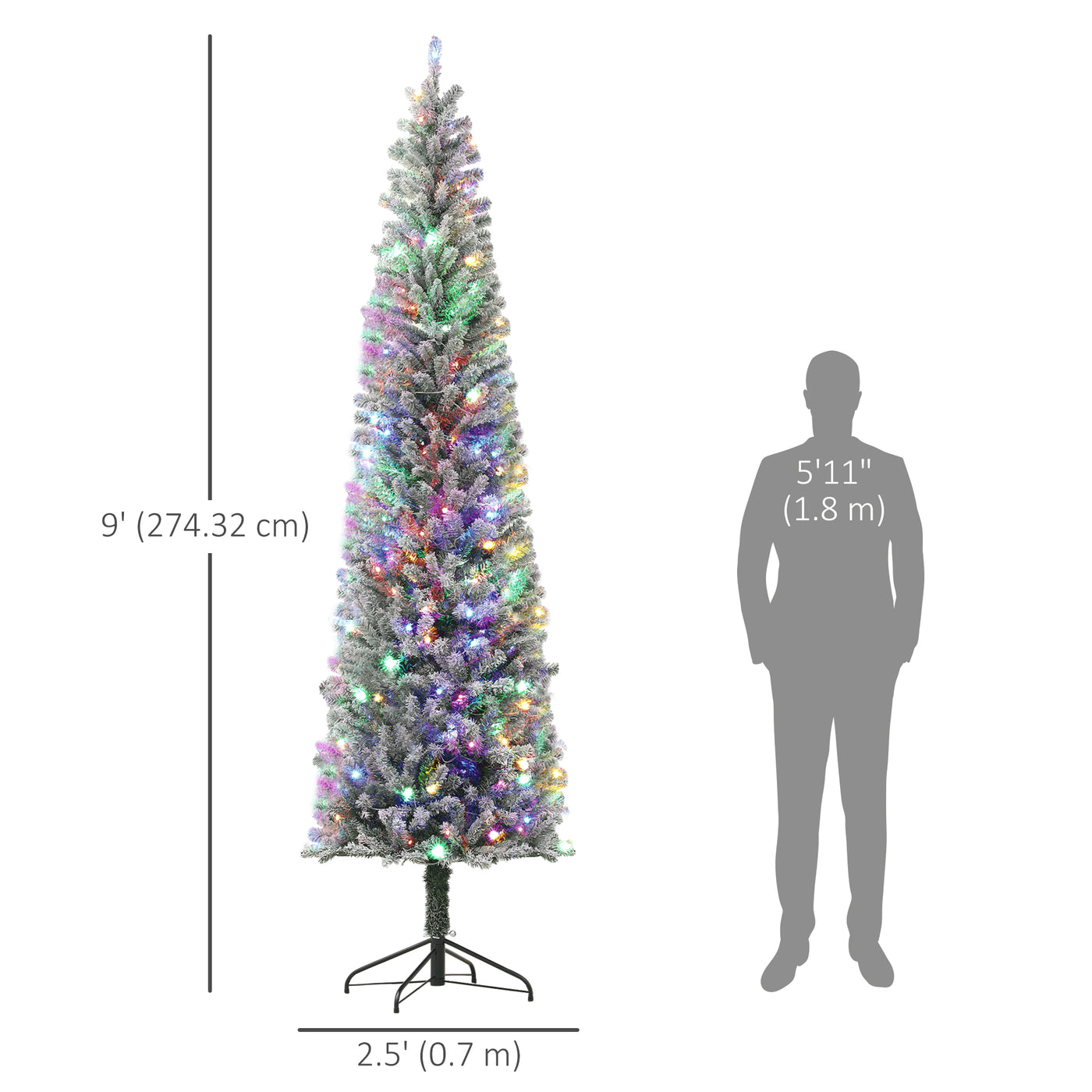 9ft Prelit Pencil Artificial Christmas Tree, Flocked Xmas Tree with Remote, Dual Colour LEDs, 895 Tips, Metal Stand