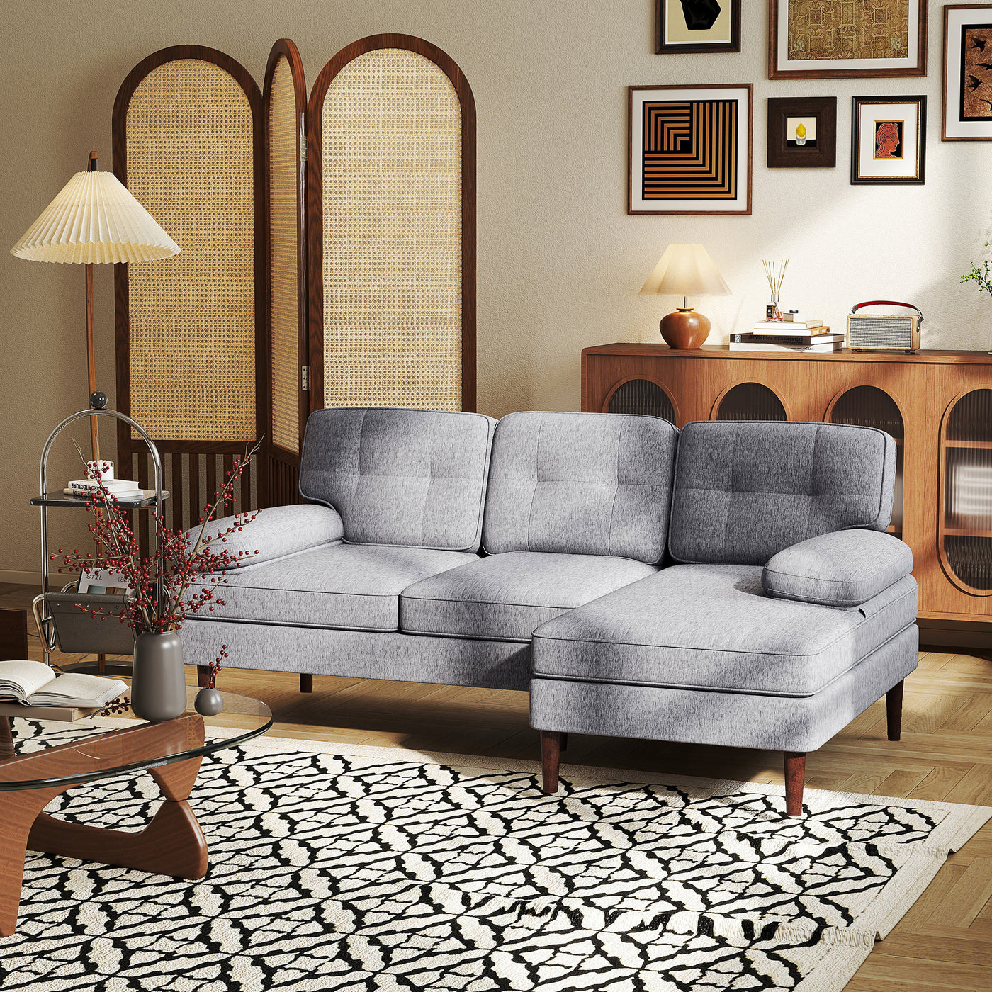 Modern Corner Couch with Right Chaise Lounge, Tufted 3-Seater Sofa with Wooden Legs for Living Room, Grey