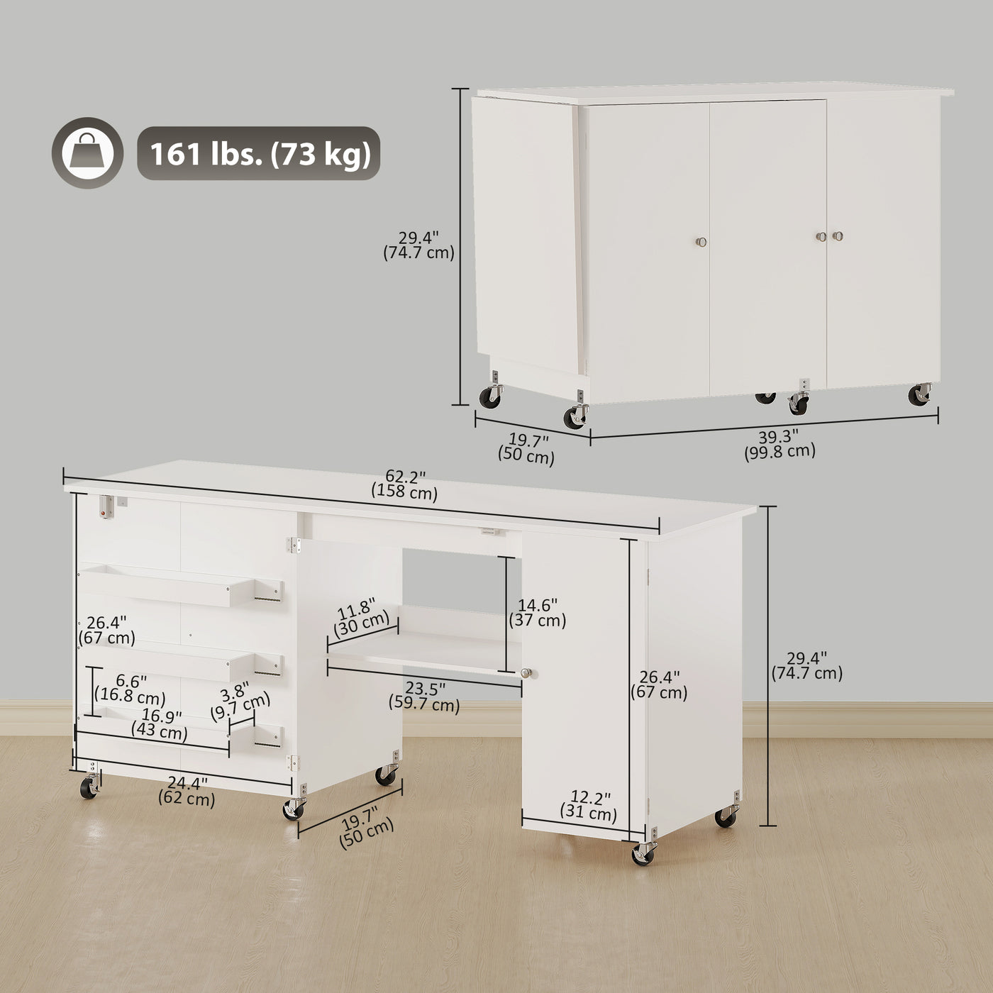 Sewing Machine Table with Drop Leaf, Folding Craft Table with 2 Doors and Adjustable Shelf for Small Spaces, White