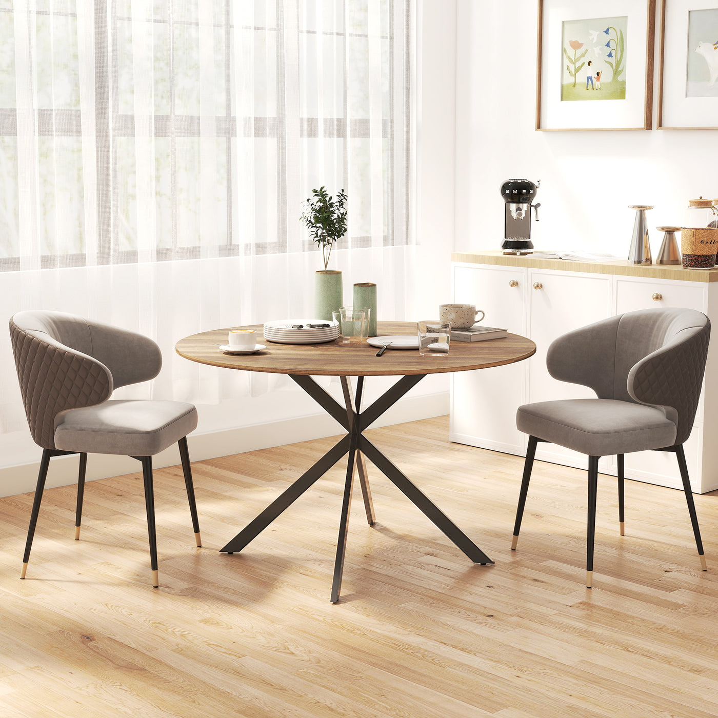 47" Round Kitchen Table for 4, Industrial Dining Table with Steel Legs for Dining Room, Dark Brown and Black