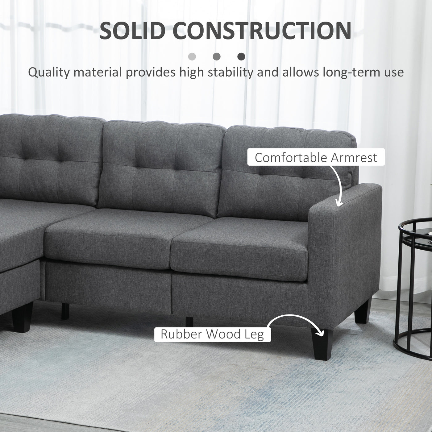 L-shaped Sofa, 3 Seater Couch with Ottoman, Corner Sofa with Thick Padded Cushion and Wood Legs, Dark Grey