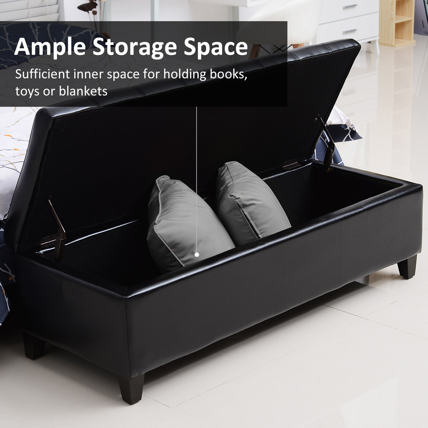 Storage Ottoman Bench, Foot Rest with Solid Wood Legs, 51 Inches PU Leather Storage Chest for Living Room, Black