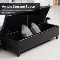 Storage Ottoman Bench, Foot Rest with Solid Wood Legs, 51 Inches PU Leather Storage Chest for Living Room, Black