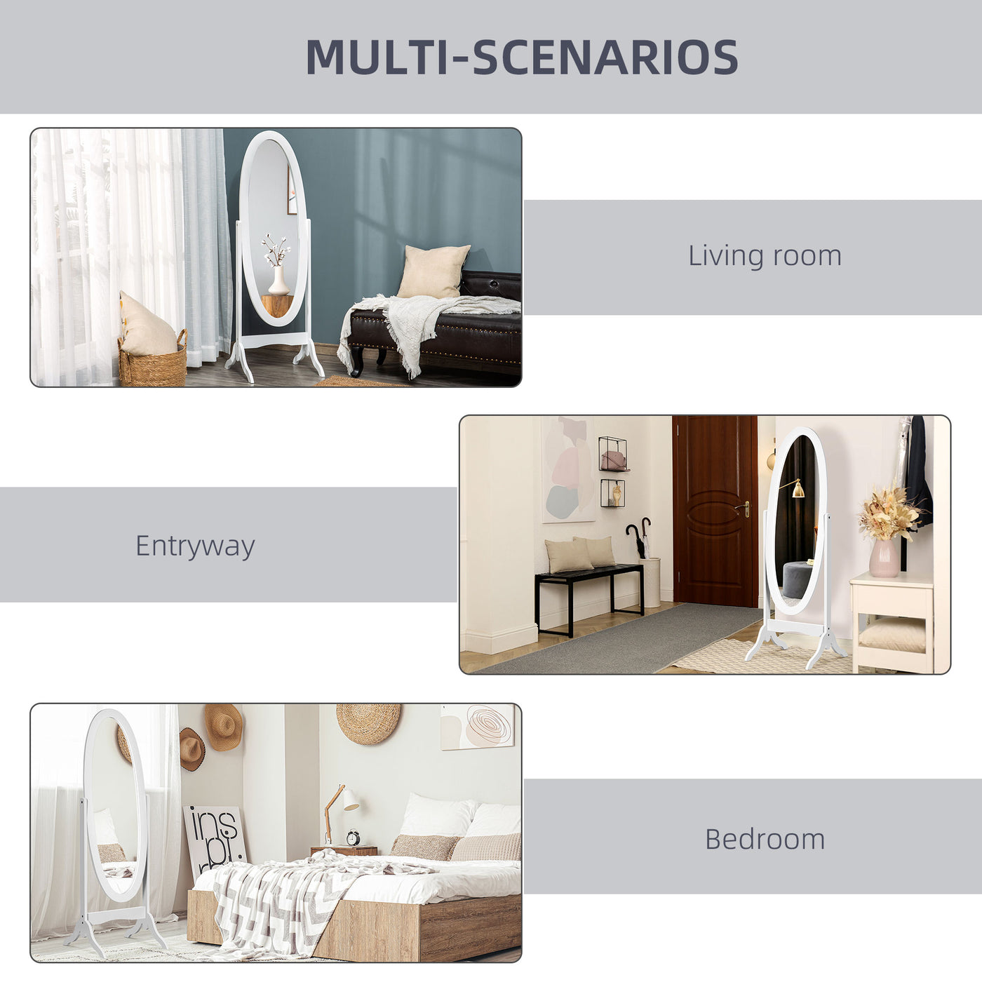 Floor Standing Mirror Full Length Mirror with Adjustable Angle Oval Frame for Dressing Room Bedroom Living Room White