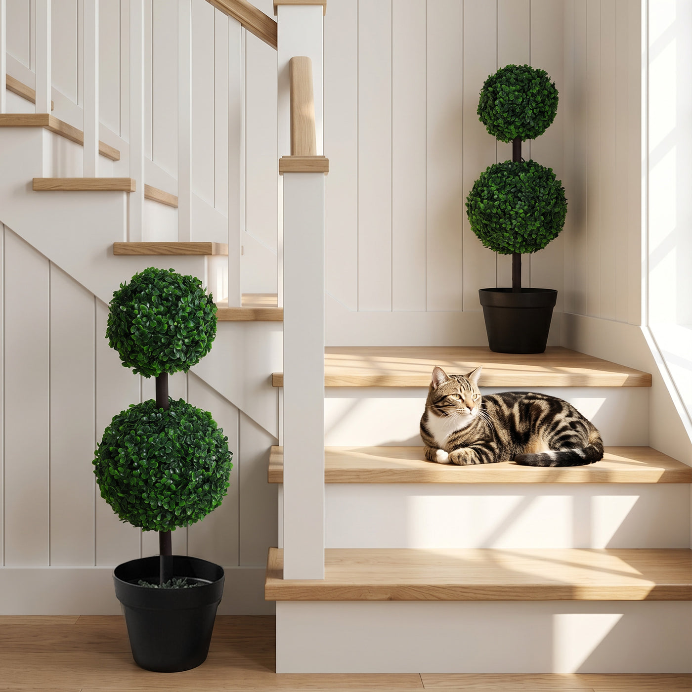 2 Ball Topiary Tree in Pot for Home Decor Set of 2, Artificial Plant for Home Office, Living Room Decor, Dark Green