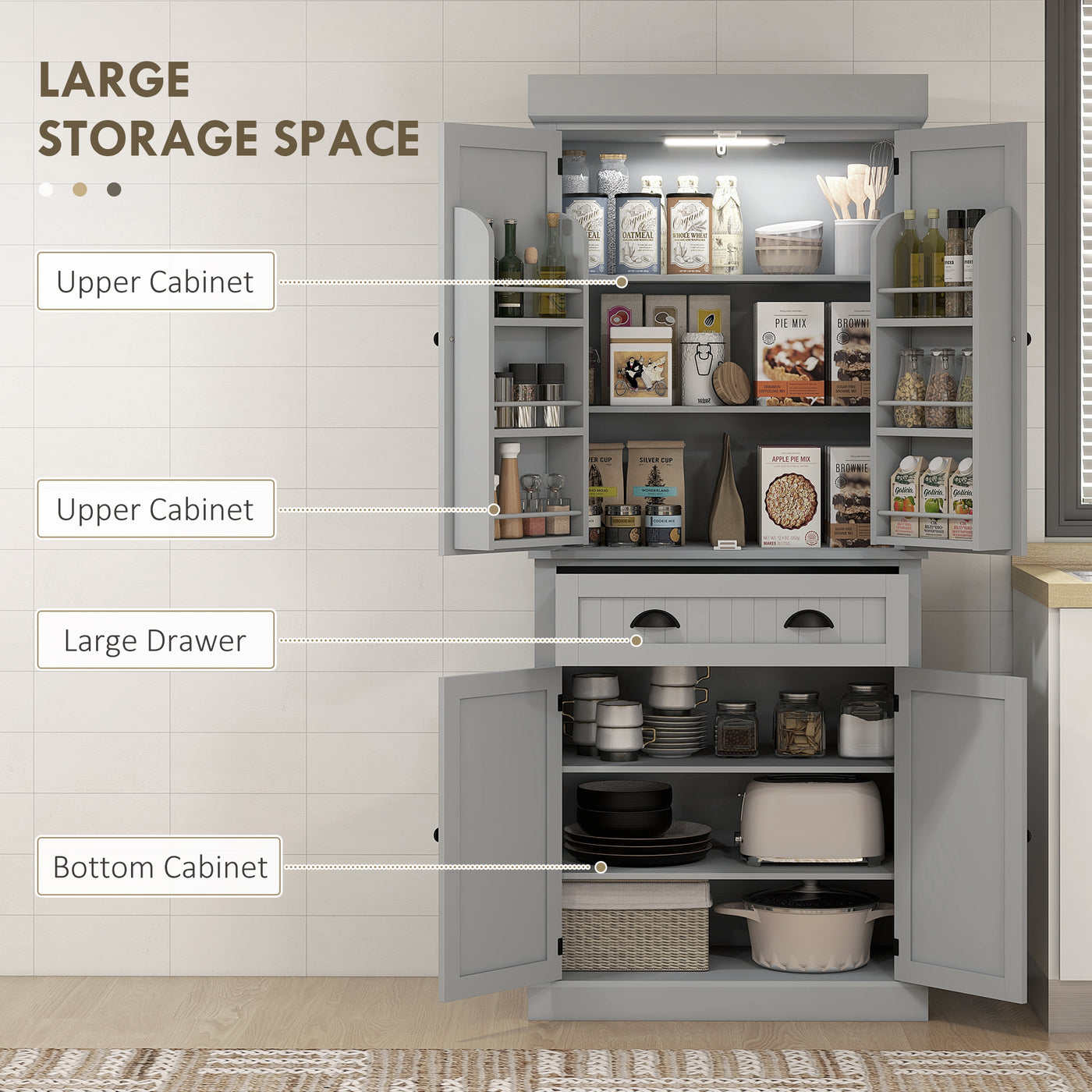 71" Kitchen Pantry Cabinet with LED Lights, 6 Spice Racks, a Drawer and 4 Adjustable Shelves, Grey