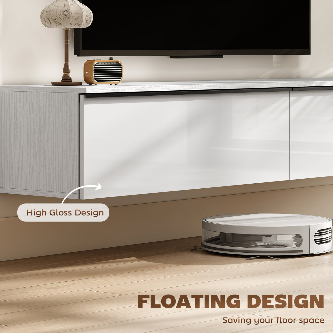 Wall Mounted TV Stand, Floating TV Cabinet with Storage, for TVs up to 80", High Gloss Effect, White