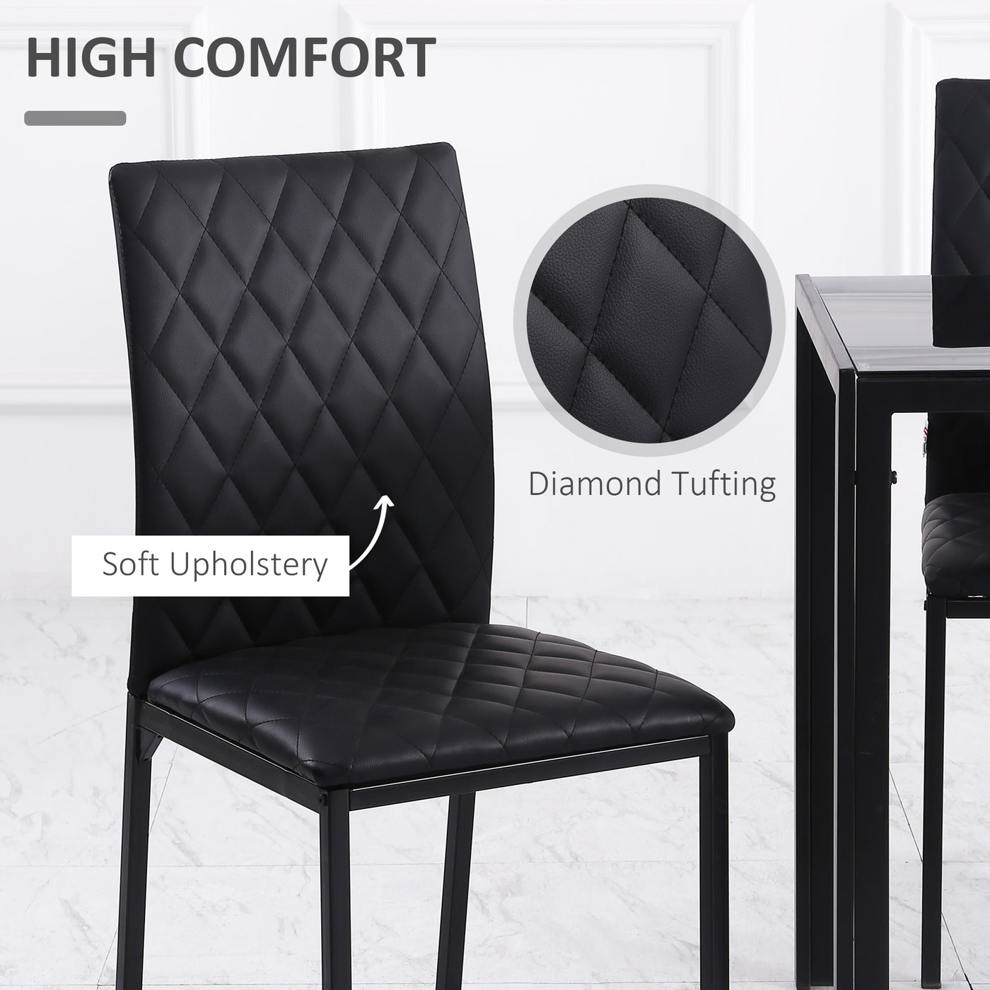Modern Dining Chairs Set of 4, Upholstered Faux Leather Kitchen Chairs with Rhombic Tufting and Metal Legs for Living Room, Black