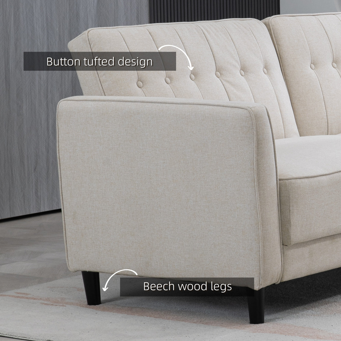Convertible Bed with Couch, Button Tufted Fabric Sofa Bed with Adjustable Back for Living Room, Beige