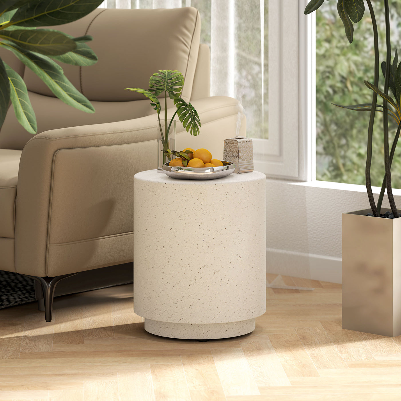 Terrazzo Finish Side Table, 17" Round End Table for Indoor and Outdoor, Cream White