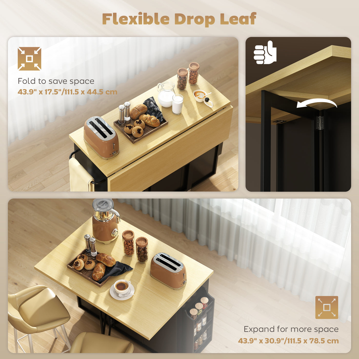Kitchen Island Cart, Rolling Kitchen Island Table with Drop Leaf, Drawer, Spice and Towel Rack, Black