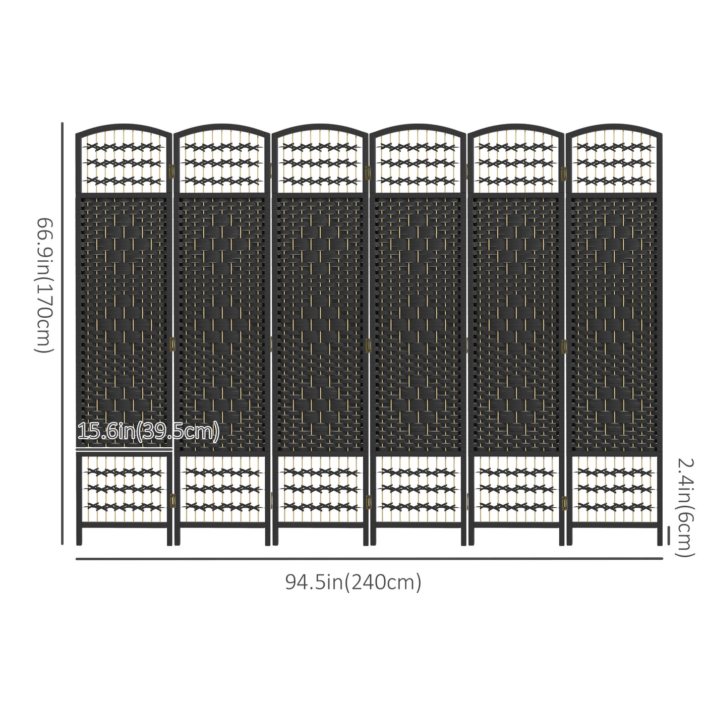 6 Panel Folding Room Divider, Portable Privacy Screen, Wave Fiber Room Partition for Home Office, Black