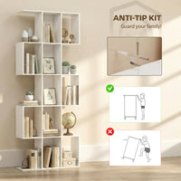5-Tier Bookshelf, S Shaped Geometric Bookcase with 15 Compartments, White Wood Grain