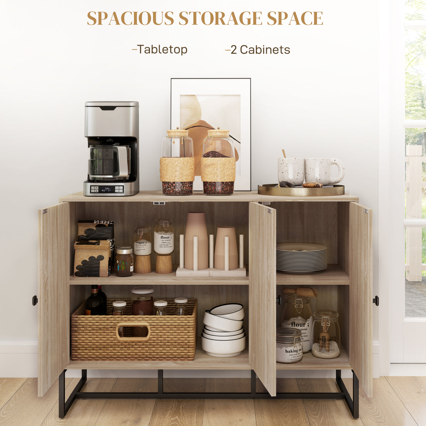 Modern Sideboard, Buffet Cabinet with Adjustable Shelves, 3 Chevron Doors for Living Room, Hallway, Oak Wood Grain