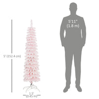 5ft Snow-Flocked Artificial Christmas Tree, Slim Pencil Xmas Tree with 301 Realistic Branches, Metal Base, Pink