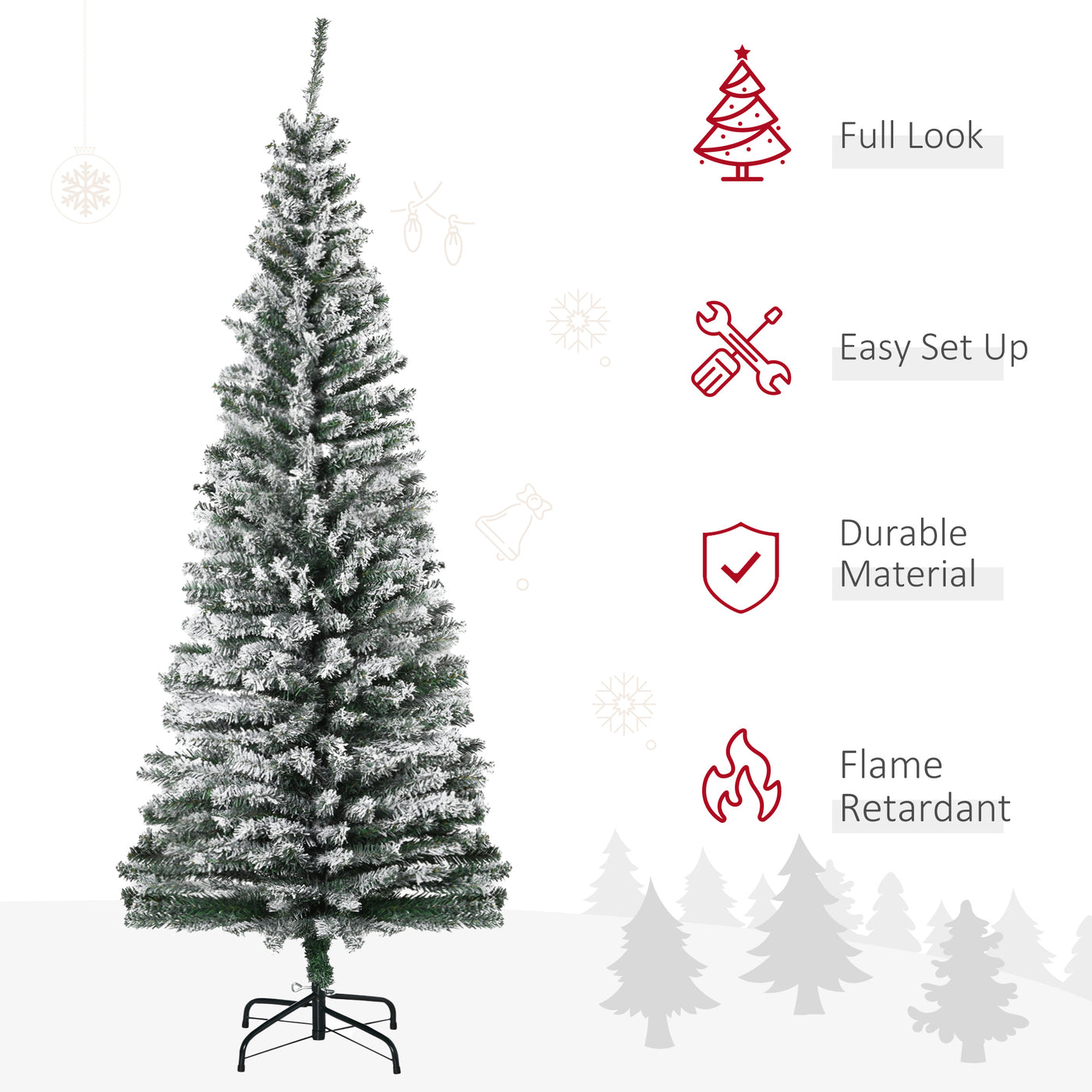 6ft Flocked Christmas Tree, Pencil Christmas Tree with Realistic Branch Tips, Folding Metal Stand, Green