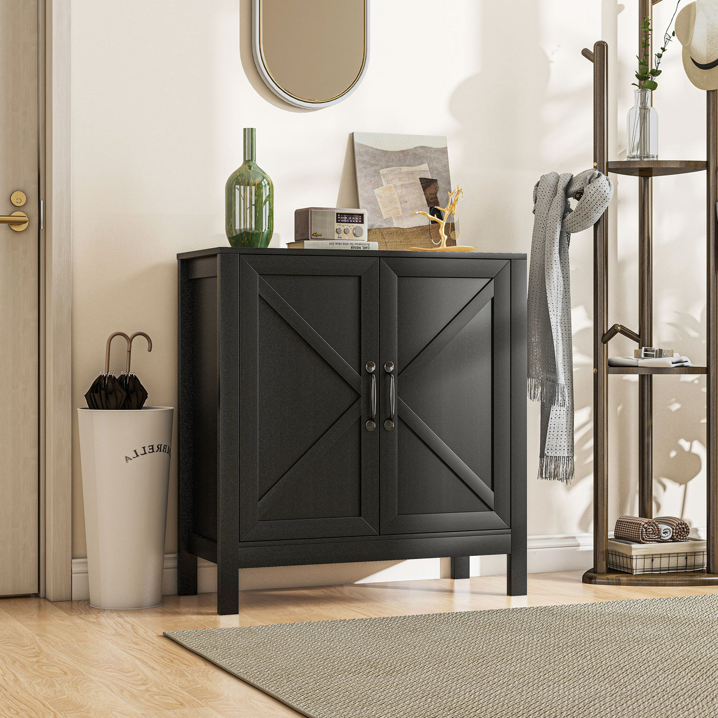 Sideboard Buffet, Kitchen Storage Cabinet with Barn Door and Adjustable Shelves, Storage Pantry, Black Oak