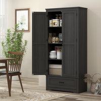69" Tall Farmhouse Kitchen Pantry Cabinet with 2 Doors, Drawer and Adjustable Shelves, Black Wood Grain