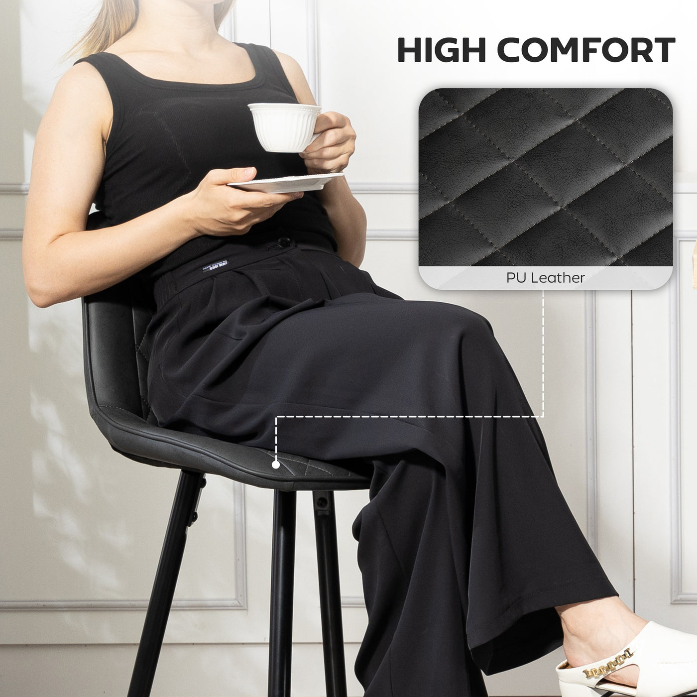 PU Leather Counter Height Bar Chairs Set of 2, 27.75" Bar Stools with Metal Legs for Dining Area, Kitchen Island, Black
