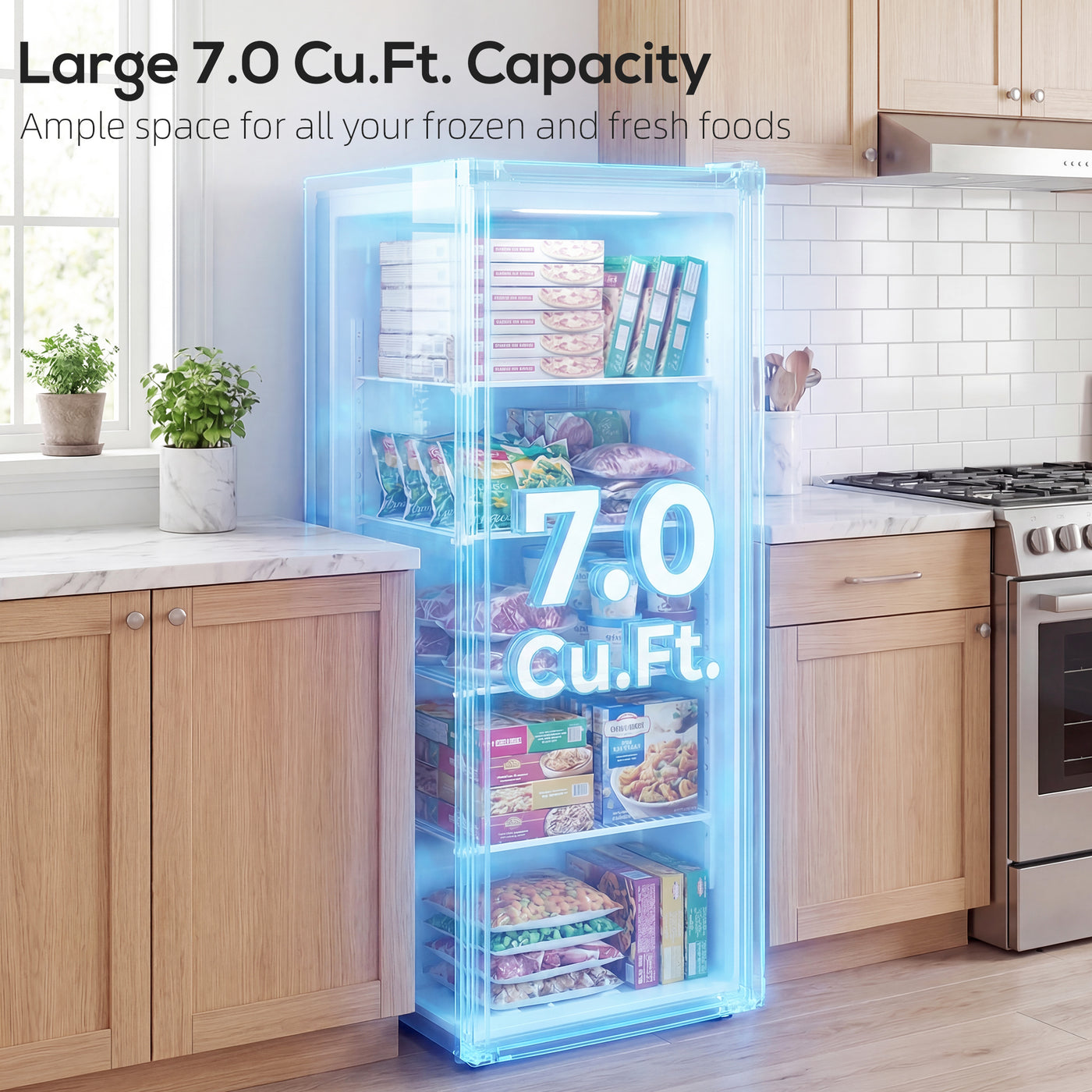 7.0 Cu.Ft Upright Freezer, Compact Stand Up Freezer with 6 Adjustable Shelves, Reversible Door for Home Office, White