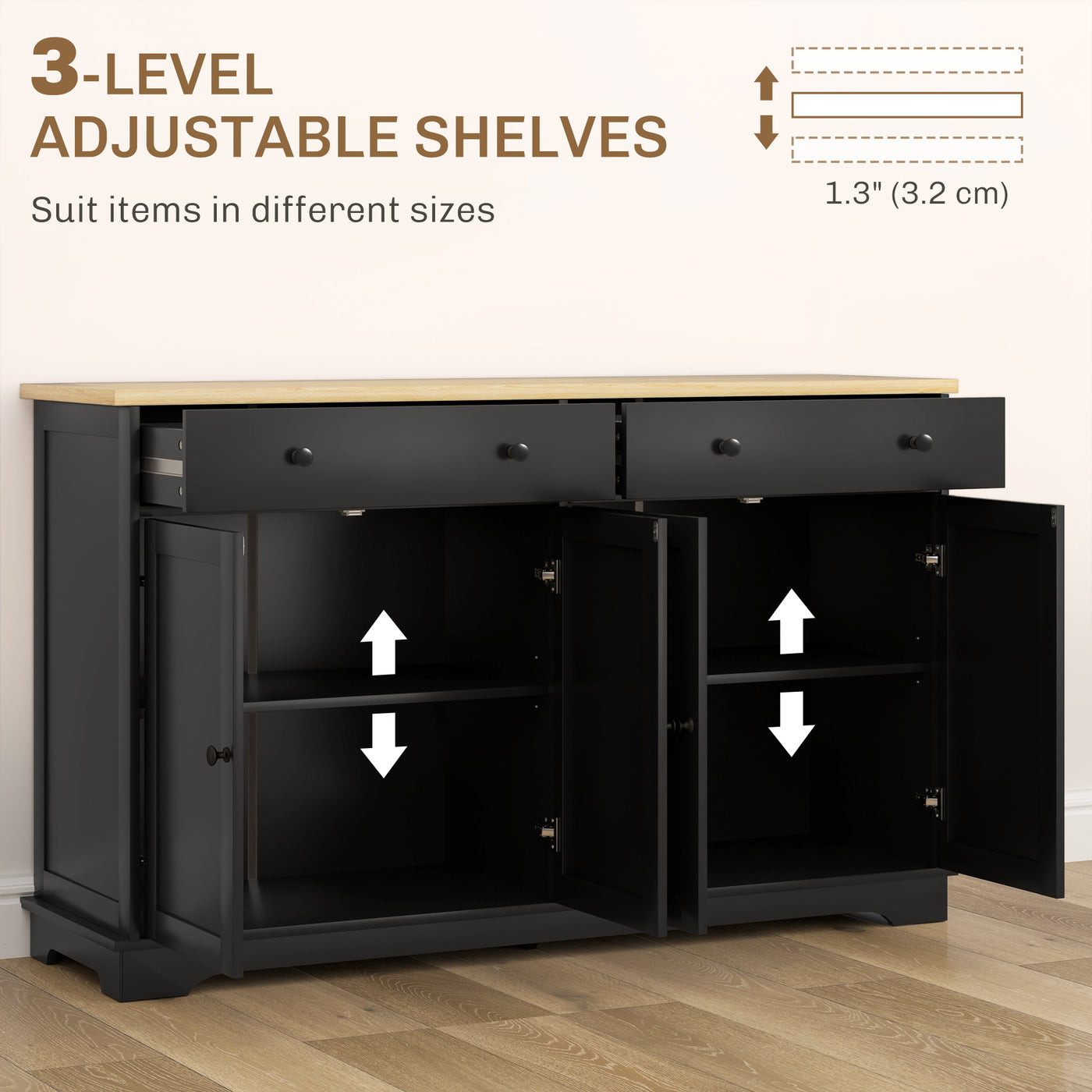 Modern Sideboard, Buffet Cabinet with Storage Drawers, Adjustable Shelves for Living Room, Dining Room, Entryway, Black