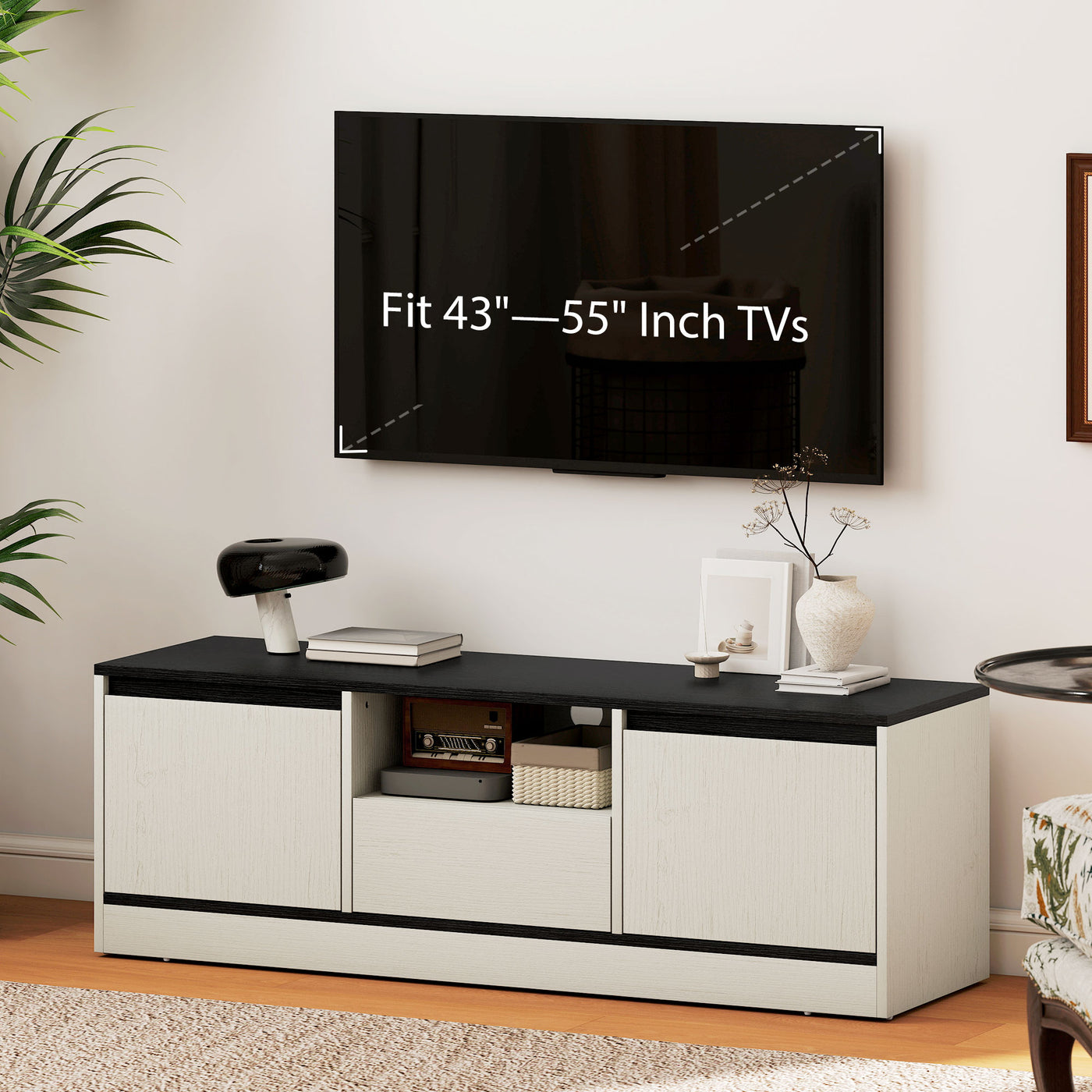 TV Stand for 43-55 Inch TV,  Entertainment Center w/ Cabinets, Shelf, Drawer and Cable Management for Living Room, White