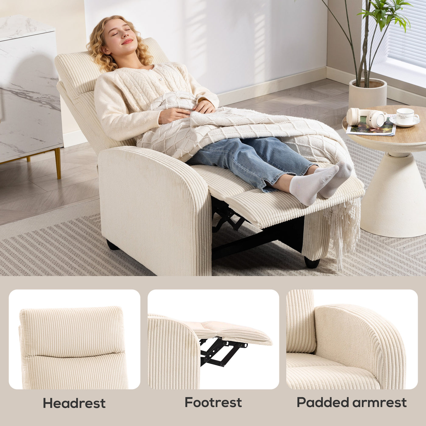 Fabric Recliner Chair Manual Home Theater Seating Single Reclining Sofa Chair with Padded Seat for Living Room, Beige