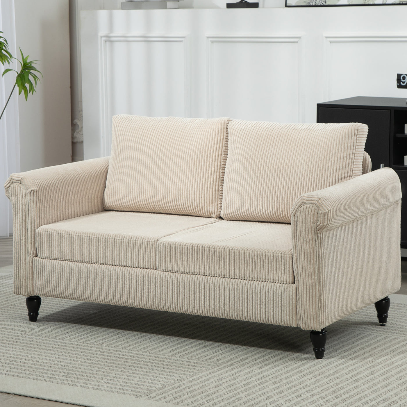 Vintage Loveseat, Upholstered Love Seat Furniture, Fabric 2 Seater Sofa with Rolled Arms, Rubber Wood Legs, Beige