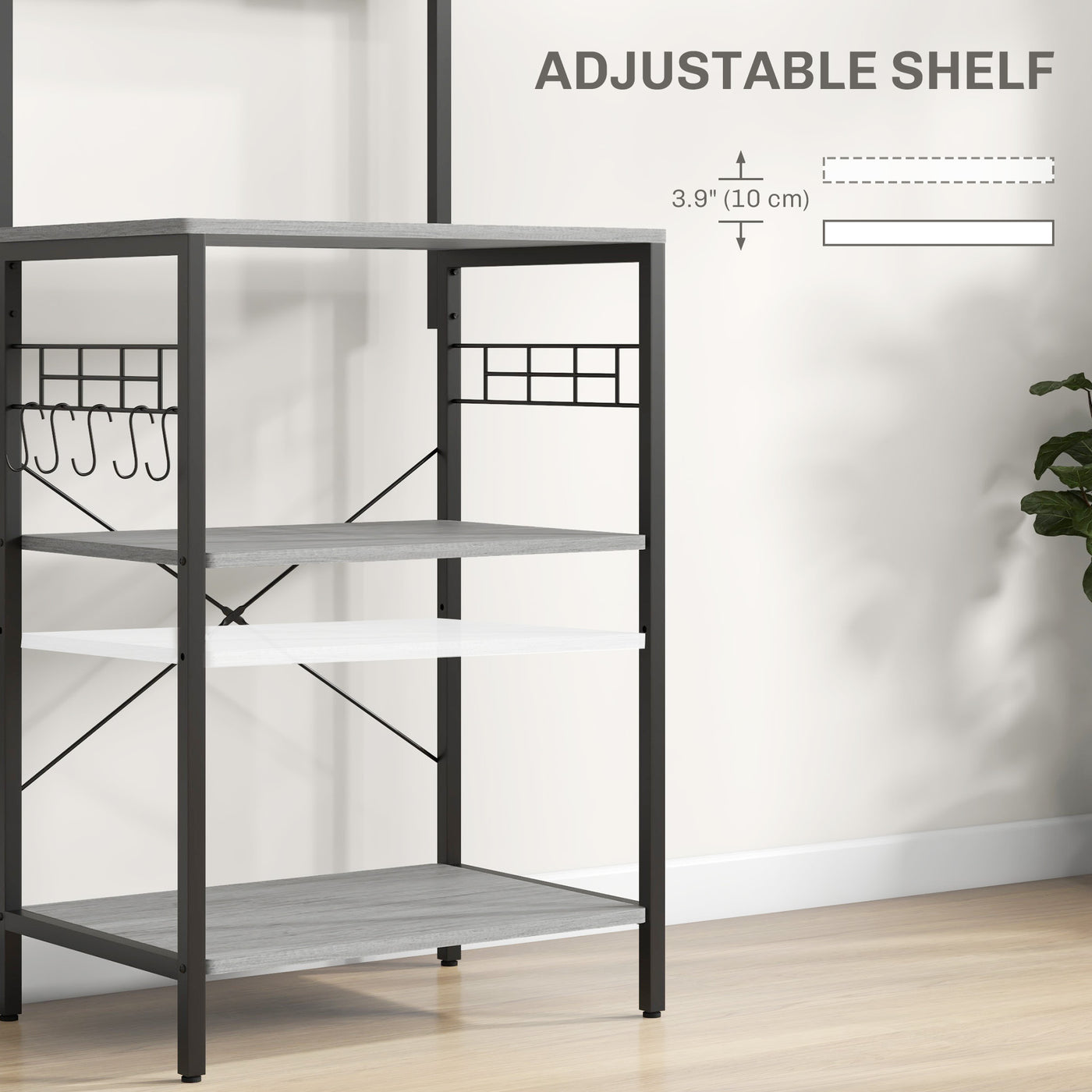 Kitchen Baker's Rack with Power Outlet, Coffee Bar Station with Adjustable Shelves and Hooks, Distressed Grey