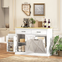 7 Gallon Tilt Out Garbage Cabinet, Kitchen Island with Charging Station, 2 Drawers, 4 Door Racks, White