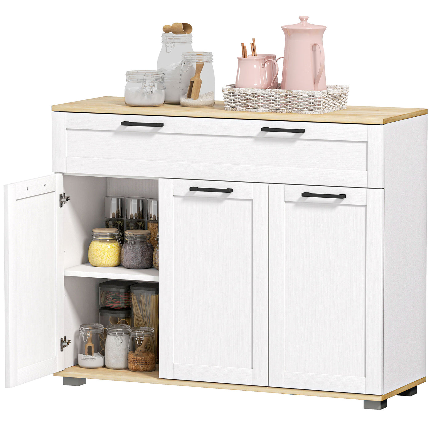 Sideboard Buffet Cabinet, Modern 40" Coffee Bar Cabinet with Wide Drawer, 3 Doors and 2 Adjustable Shelves, White