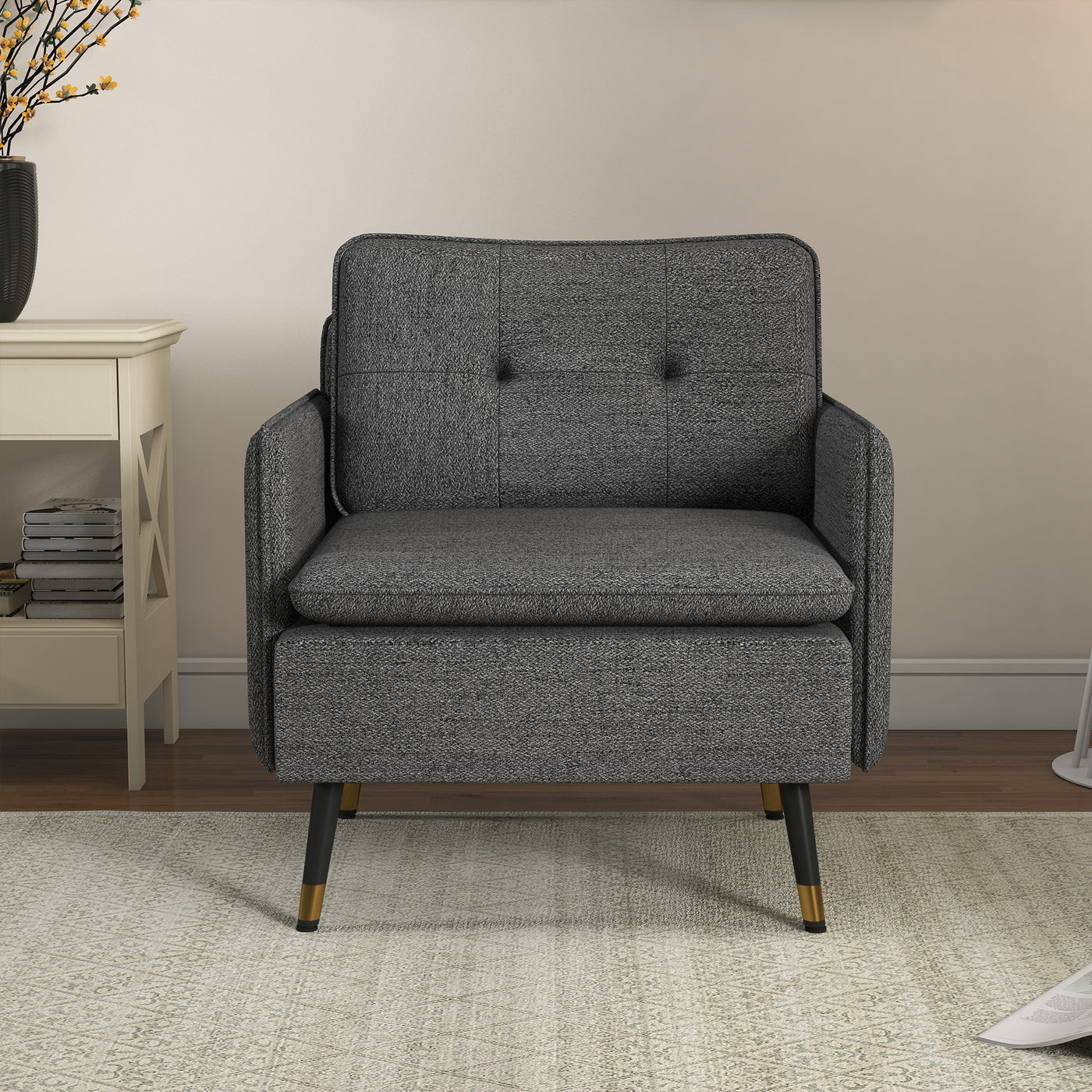 Accent Chair, Upholstered Armchair with Tufted Back Cushion and Steel Legs for Living Room, Bedroom, Dark Grey