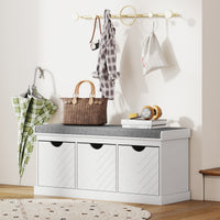 Shoe Storage Bench, Linen-Look Entryway Bench with 3 Removable Drawers and Padded Seat Cushion for Hallway, White